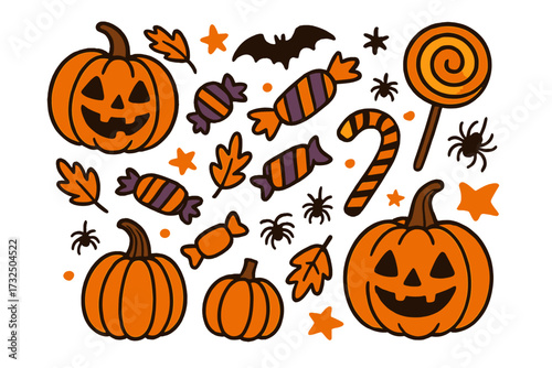 Halloween elements set. Trick or treat candy, spooky jack o' lantern pumpkins, spiders, bat. Hand drawn autumn holiday vector illustration collection for kids party invitation.