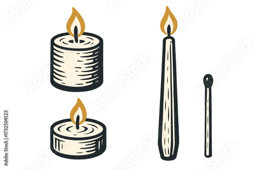 Assortment of illuminated pillar, taper, and tea light candles with a single matchstick in classic printmaking style