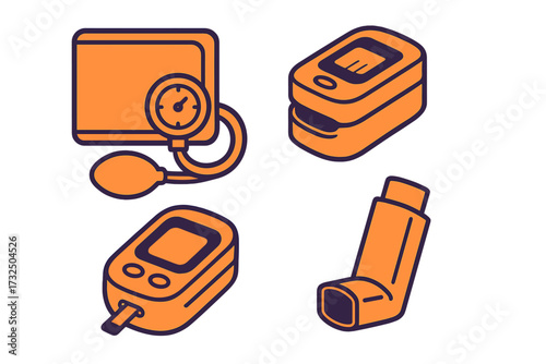 Collection of essential medical devices for personal health monitoring and managing chronic conditions such as diabetes, asthma, and blood pressure