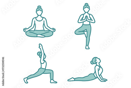 Stylized yoga poses for physical fitness, mental well-being, and mindful meditation practice, promoting a healthy lifestyle