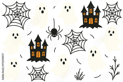 Cute Halloween cartoon pattern with ghost, scary haunted house, spider web. Vector seamless background. Spooky holiday character set for kids party, print and decor design.