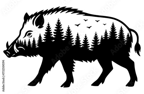 Silhouette of a wild boar featuring a double exposure forest landscape with pine trees and flying birds inside its body, wild boar, forest, silhouette, nature