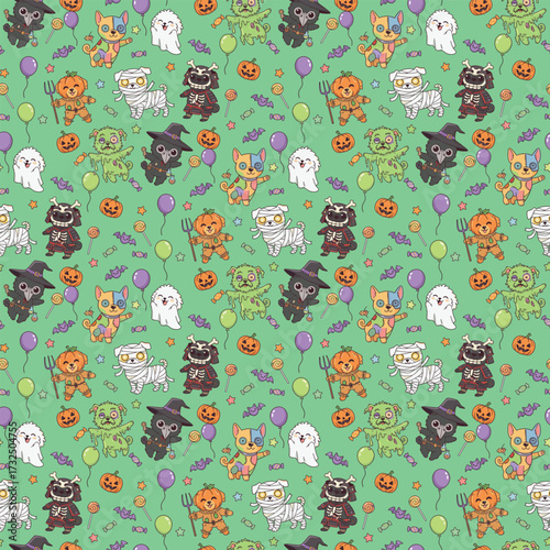 Happy halloween party seamless pattern background with cute puppy dog wearing halloween costume, scary pumpkin and friendly bat. Holidays cartoon character. -Vector