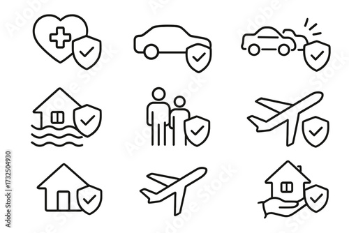 Insurance line icon set. Concepts of health, life, family, car accident, property, flood, and travel insurance. Vector outline symbols for protection, safety, security.