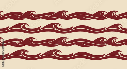 Repeating stylized burgundy waves pattern on beige background