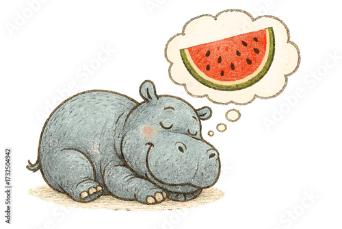 Cute hippo dreaming of watermelon slice. Hand drawn textured vector cartoon illustration. Adorable animal character sleeping, thinking of healthy summer fruit food desire.