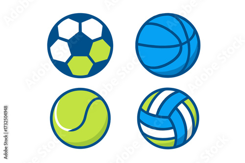 Dynamic set of popular sporting goods icons featuring soccer, basketball, tennis, and volleyball balls for various athletic activities