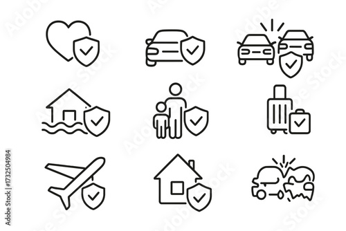 Insurance icon set in thin line style. Vector symbols for health, life, car accident, home, flood, property, family and travel insurance. Protection and safety concept.