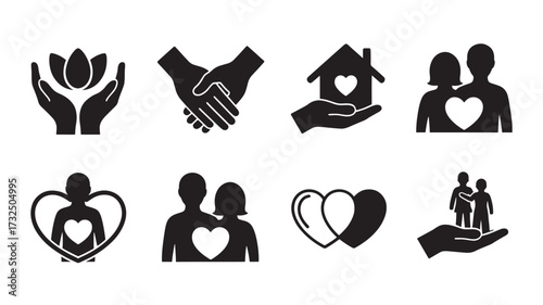 Vector art of set of black icons representing care, family, love, and support