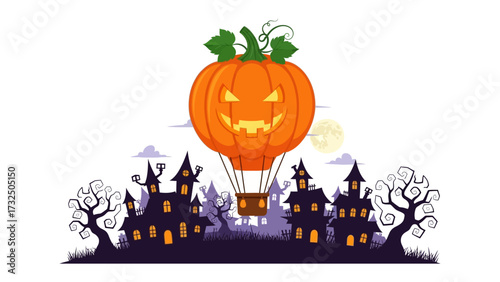 Halloween Pumpkin Hot Air Balloon Ride: A whimsical Halloween illustration showcases a spooky hot air balloon shaped like a grinning pumpkin.