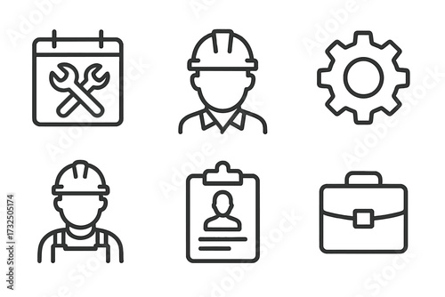 Labor and construction industry icon set. Line art vector icons for web and mobile. Includes worker, engineer, gear, job schedule, resume, and business portfolio concepts.