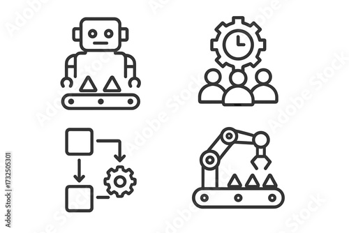 Industrial automation and mass production line icon set. Robot on conveyor, robotic arm, manufacturing process, assembly line, workflow optimization, productive team icons.