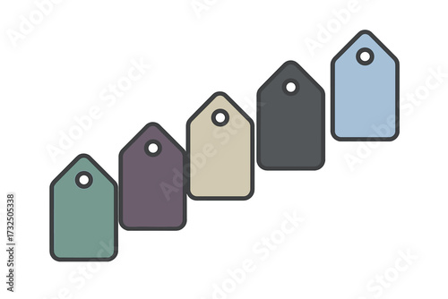 Colorful blank tags in a diagonal row with various color variations and a hole for attachment on a white background