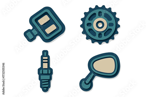 Collection of essential automotive spare parts and vehicle accessories including car key, gear, spark plug, and rearview mirror