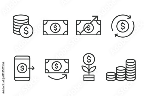 Money and finance thin line icon set. Collection of vector symbols for business and web. Concept of investment, profit, savings, mobile payment, cash back, and currency growth.