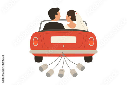 Just married couple in red vintage car. Newlyweds on honeymoon road trip. Bride and groom driving away in convertible with cans. Wedding celebration journey love concept vector.