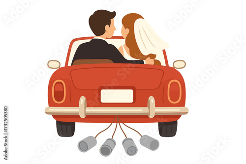 Just married couple driving in a vintage car. Bride and groom in red convertible on honeymoon trip. Wedding journey celebration. Newlyweds in retro auto with cans. Love romance.