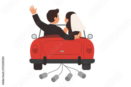 Newlywed couple in red vintage convertible car. Just married bride and groom on honeymoon trip. Retro automobile with cans. Wedding celebration vector illustration romance concept.