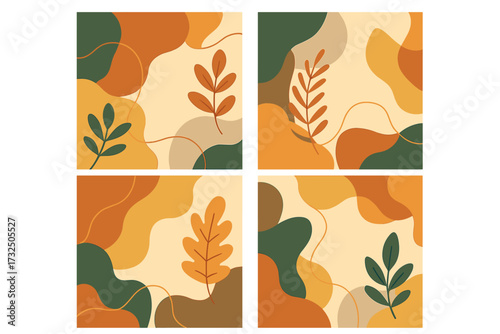 Set of trendy abstract autumn square templates with botanical leaves. Modern universal design with organic shapes for social media posts, covers, banners, cards, and flyers.