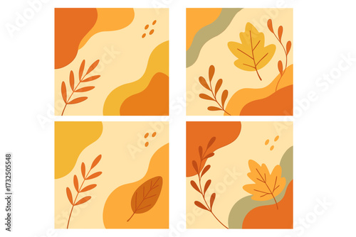 Warm autumn aesthetic. Set of four trendy square backgrounds with abstract shapes and leaves. Vector templates for social media, invitation, banner, poster, card or flyer design.