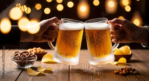 Two mugs of light beer are clinked together, ready to be consumed with appetizers on a wooden table.