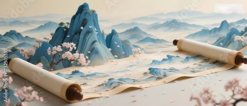 パステル調の山々と巻物風景