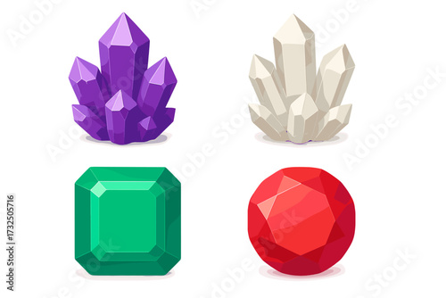 Assortment of vibrant faceted gemstones and sparkling natural crystal clusters on a clean white background