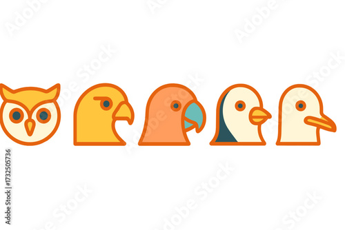 Collection of diverse stylized bird heads including an owl, eagle, parrot, and penguin in a clean graphic style