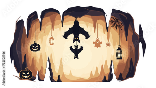 Spooky Halloween Cave: A dark, atmospheric cave adorned with traditional Halloween decorations like carved pumpkins, ghostly figures, bats, and hanging lanterns.