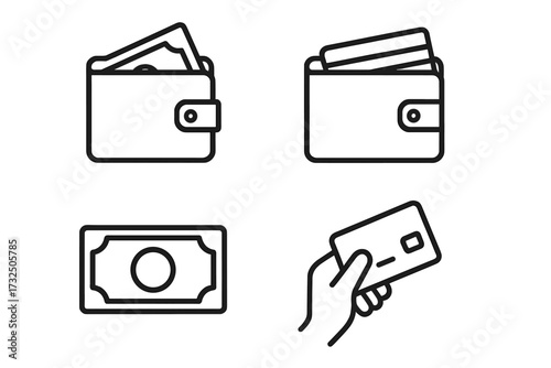 Wallet and Cash Icons Set in Line Style, Money, Payment, Credit Card, Cash Collection, Hand Holding Card, Financial Vector Illustration with Transparent Background