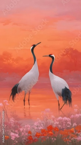 夕焼けの背景に鶴のペア水彩画スタイル