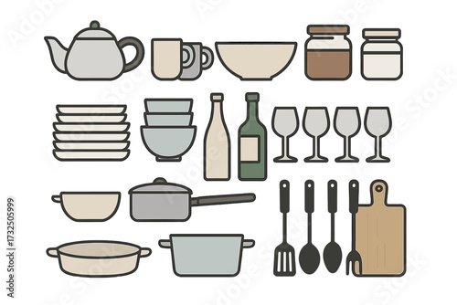 Kitchen utensils and cooking tools vector illustration set with teapot, bowls, plates, cups, glassware, bottles, cutting board and cooking spoons, isolated on transparent background