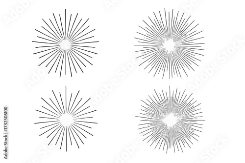 Abstract radial sunburst vector illustration set with transparent background, linear rays design, modern minimalistic graphic elements, versatile decorative patterns
