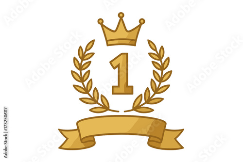 Golden first place emblem with crown, laurel wreath, and ribbon banner, award badge vector illustration, winner symbol, championship honor, prize icon graphic design