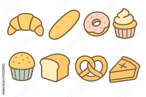 Delicious collection of freshly baked goods and sweet pastries including bread, donuts, muffins, cupcakes, and pie slices