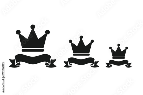 Vector illustration set with black crowns and ribbon banners, royal design icons, party and celebration symbols, majestic emblem collection for luxury branding and decoration