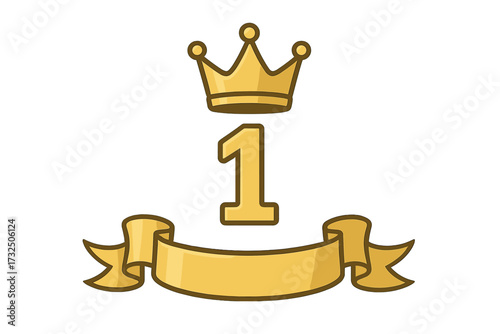 Golden number one with royal crown and decorative ribbon banner, first place winner symbol, champion award concept, victory celebration, premium ranking emblem, prestige and honor label