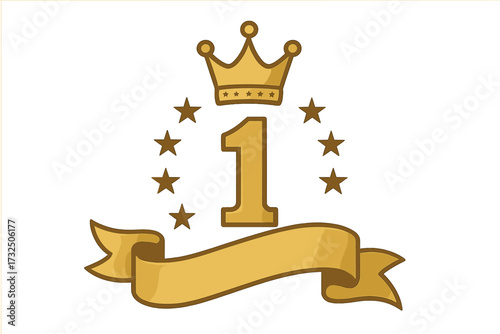 Gold Number 1 Emblem with Crown and Stars, Victory Badge with Ribbon Banner, First Place Award Icon, Champion Symbol of Excellence and Leadership, Prestige Vector Illustration
