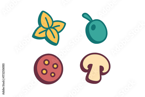 Stylized pizza topping ingredients set featuring basil leaves, a green olive, pepperoni slices, and a mushroom