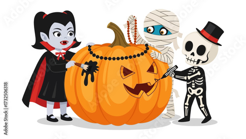 Spooky Pumpkin Carving: A playful illustration depicting a mummy, vampire, and skeleton coming together to decorate a giant jack-o'-lantern for Halloween. 