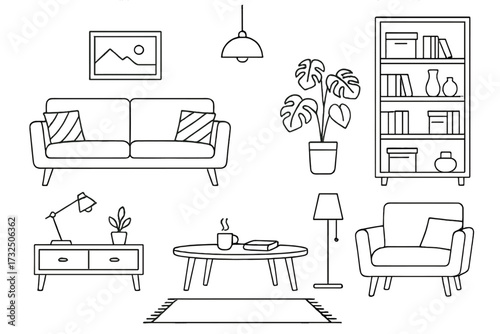 Minimalist living room furniture vector illustration set with sofa, armchair, coffee table, bookshelf, plants, lamp, rug, and decorative elements, modern home interior design