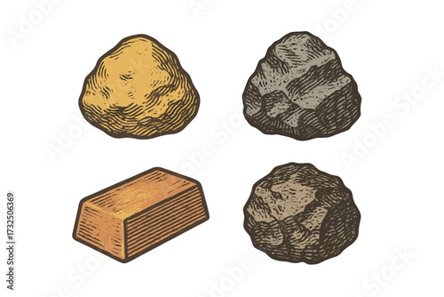 Mining resources collection with a natural gold nugget, a refined gold bar, and raw coal ore chunks