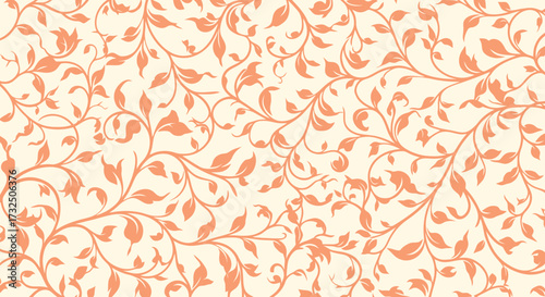 Swirling light orange vines and leaves repeat across a light cream background, filling the frame