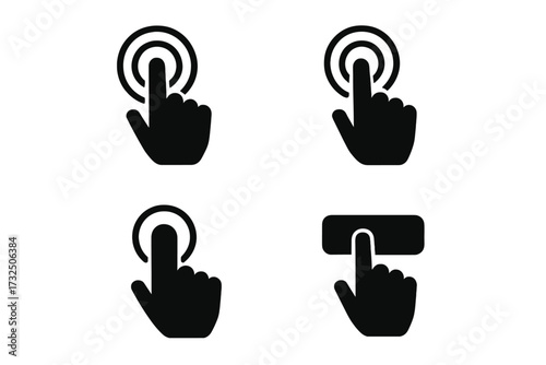 Vector illustration set of hand cursor icons touching screen with transparent background, touchscreen gesture symbols, click and tap interface buttons, digital interaction design