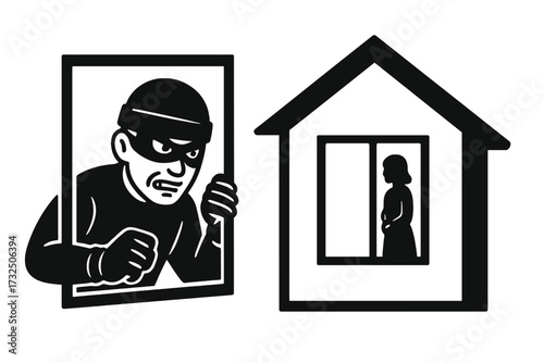 Burglar breaking into house window criminal thief with mask silhouette, woman inside house looking outside, home invasion security concept, crime prevention vector illustration