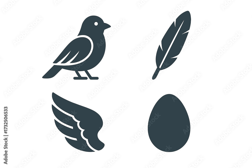 Fototapeta premium Collection of bird related icons including a small bird, a single feather, a stylized wing, and an oval egg