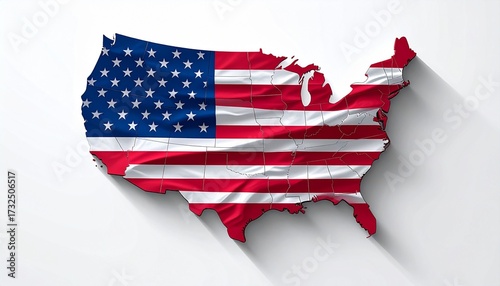 The flag of the United States placed inside the map outline of USA realistic colors white background with soft shadows
