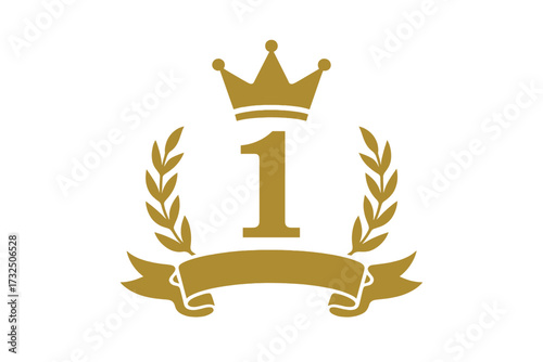 Gold number one emblem with crown and laurel wreath, victory and first place award badge, champion symbol, achievement and excellence design, elegant award vector
