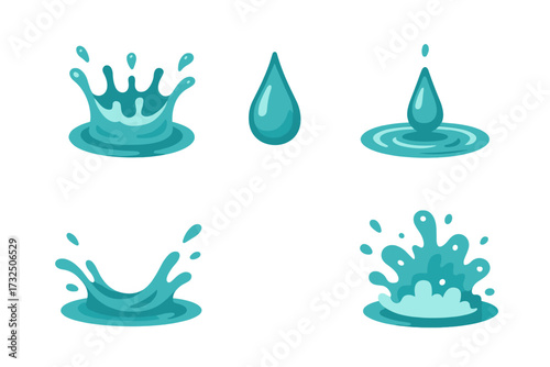 Collection of dynamic blue water splashes and falling drops creating ripples and abstract liquid shapes