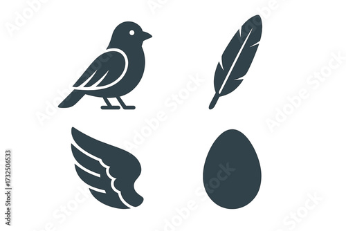 Collection of bird related icons including a small bird, a single feather, a stylized wing, and an oval egg